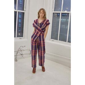Rujuta Sheth Venus Wrap Jumper Women's XS Pink Purple Mod Check Cotton Jumpsuit